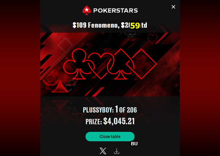 А также в Fenomeno за $109 рума PokerStars с результатом $4.045.