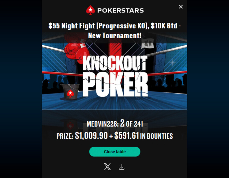 Еще $1.601 принесло ему второе место в Night Fight за $55 рума PokerStars.