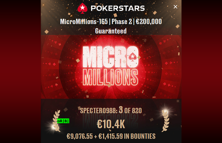 Третье место в MicroMillions-165 рума PokerStars принесло абитуриенту Валерию Specter93 первый в карьере пятизнак €10.400 и установило новую планку топ-заноса.